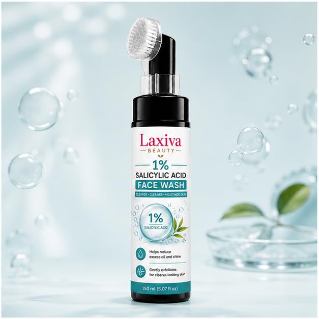 Laxiva Beauty 1% Salicylic Acid Face Wash with Built-In Cleansing Brush, Daily Facial Cleanser for Oily & Blemish-Prone Skin, Gentle Cleansing Formula, 150ml
