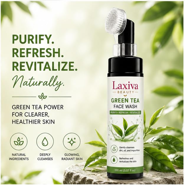 Laxiva Beauty Green Tea Face Wash for Daily Cleansing, Gentle Facial Cleanser with Built-In Brush Applicator, Suitable for All Skin Types, 150ml