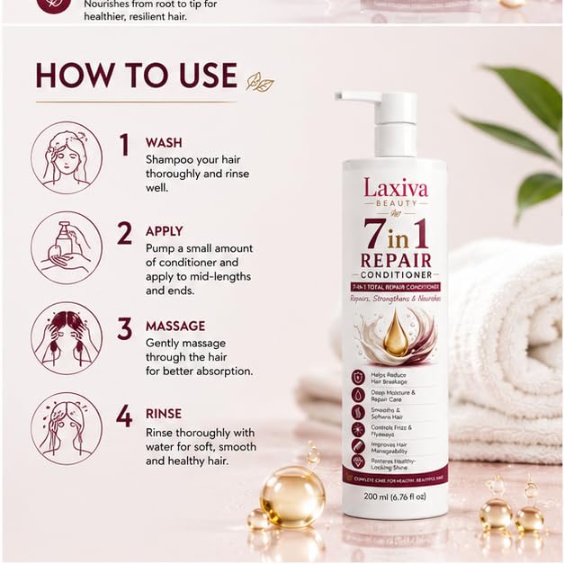 Laxiva Beauty 7 in 1 Repair Conditioner for Dry, Weak & Damaged Hair, Deep Conditioning Formula, Smooth & Manageable Hair Care, Suitable for All Hair Types, 200ml