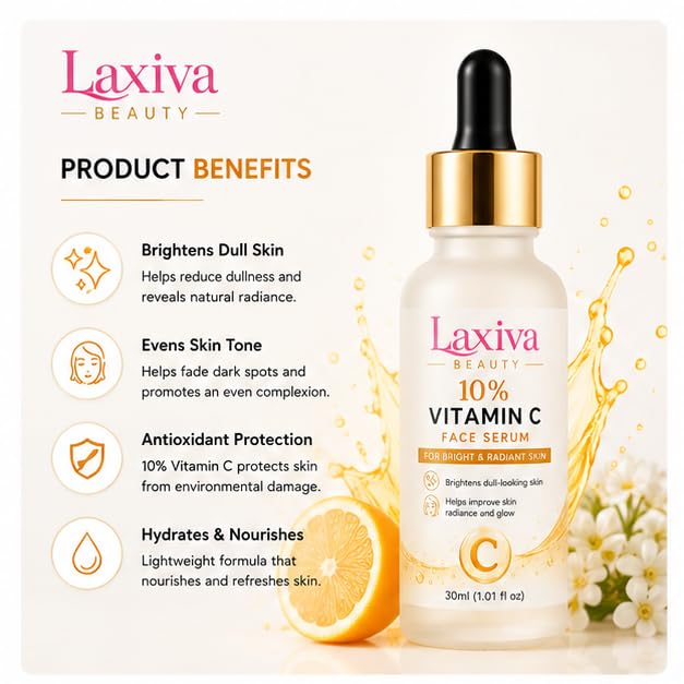 Laxiva Beauty 10% Vitamin C Face Serum for Daily Skincare, Lightweight Facial Serum for Radiance-Looking Skin, Fast-Absorbing Formula, All Skin Types, 30ml