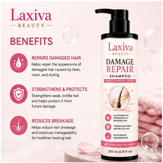 Laxiva Beauty Damage Care Shampoo for Daily Hair Care, Gentle Cleansing Shampoo for Dry & Fragile Hair, Lightweight Formula, Suitable for All Hair Types, 200ml