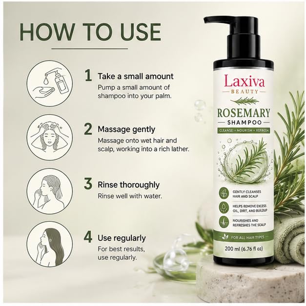 Laxiva Beauty Rosemary Shampoo for Daily Hair & Scalp Care, Gentle Cleansing Shampoo, Suitable for All Hair Types, Lightweight Formula, 200ml