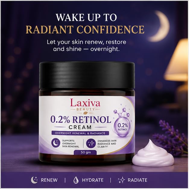 Laxiva Beauty 0.2% Retinol Cream for Face, Overnight Moisturizing Cream, Daily Night Care Formula, Smooth & Radiant Looking Skin, Suitable for All Skin Types, 50g