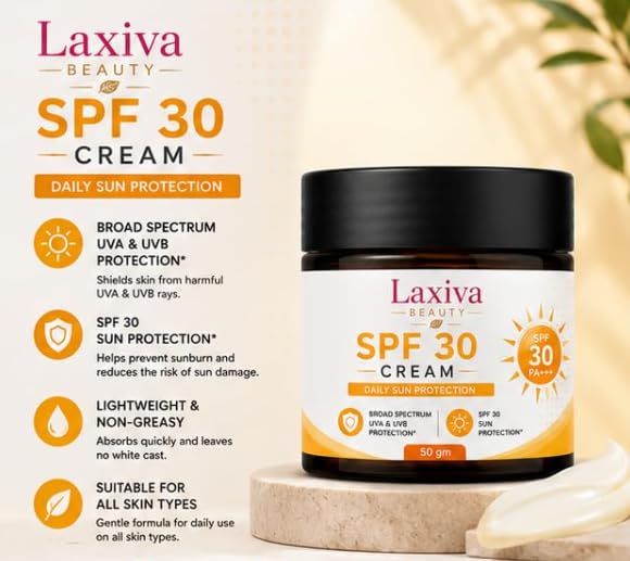 Laxiva Beauty SPF 30 Cream, Daily Sun Care Moisturizer, Broad Spectrum UVA & UVB Protection, Lightweight Hydrating Formula, Non-Greasy Finish, Suitable for All Skin Types, 50g