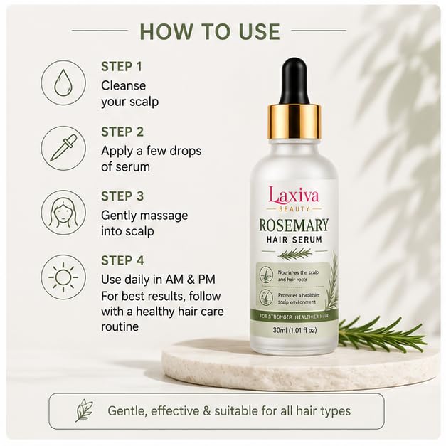 Laxiva Beauty Rosemary Hair Serum for Daily Hair Care, Lightweight & Non-Greasy and Scalp Serum, Suitable for All Hair Types, 30ml