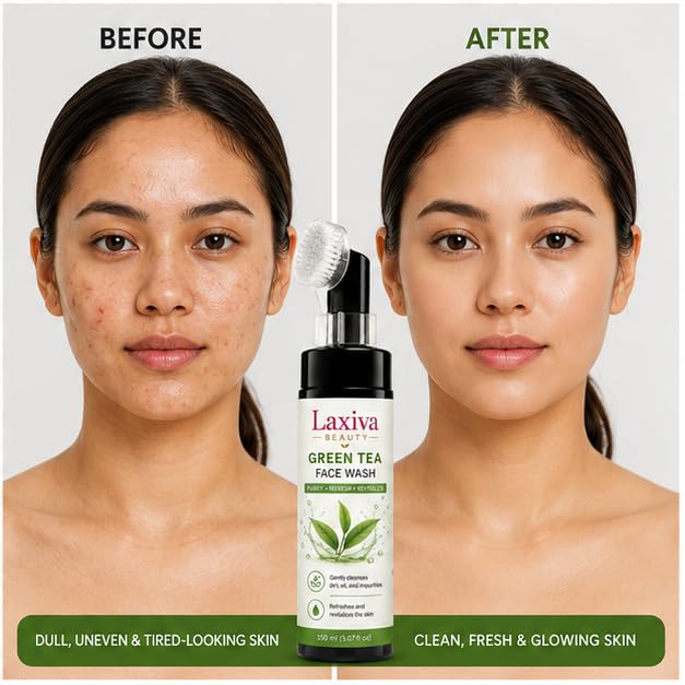 Laxiva Beauty Green Tea Face Wash for Daily Cleansing, Gentle Facial Cleanser with Built-In Brush Applicator, Suitable for All Skin Types, 150ml