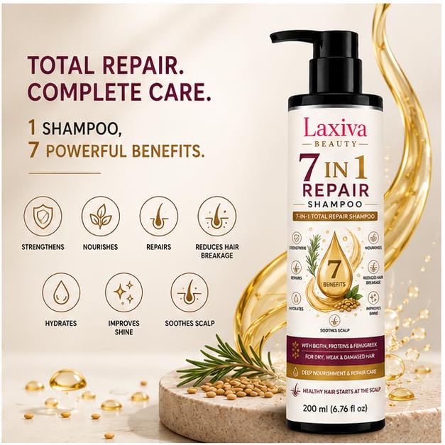 Laxiva Beauty 7 in 1 Hair Care Shampoo with Biotin, Proteins & Fenugreek, Daily Cleansing Shampoo for Dry & Damaged Hair, Suitable for All Hair Types, 200ml