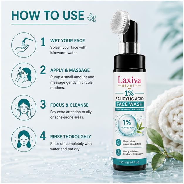Laxiva Beauty 1% Salicylic Acid Face Wash with Built-In Cleansing Brush, Daily Facial Cleanser for Oily & Blemish-Prone Skin, Gentle Cleansing Formula, 150ml