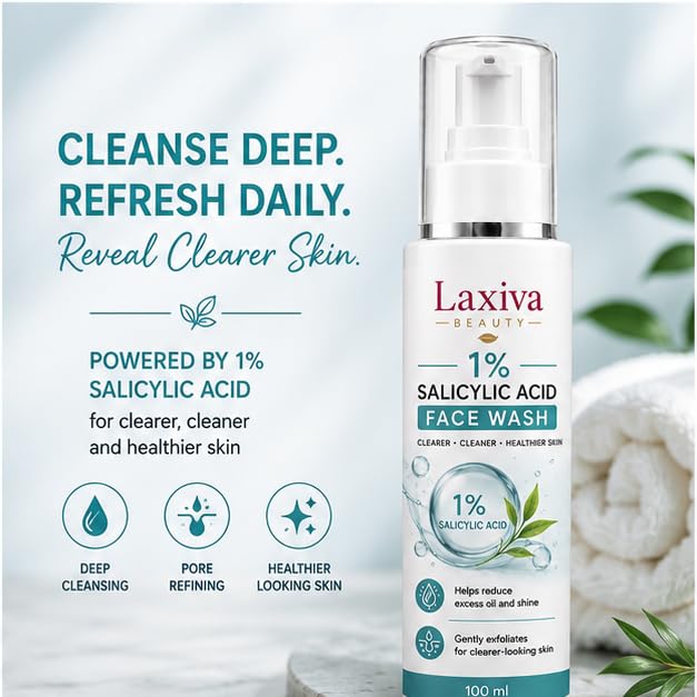 Laxiva Beauty 1% Salicylic Acid Face Wash for Daily Cleansing, Gentle Facial Cleanser for Oily & Blemish-Prone Skin, Suitable for Men & Women, 100ml