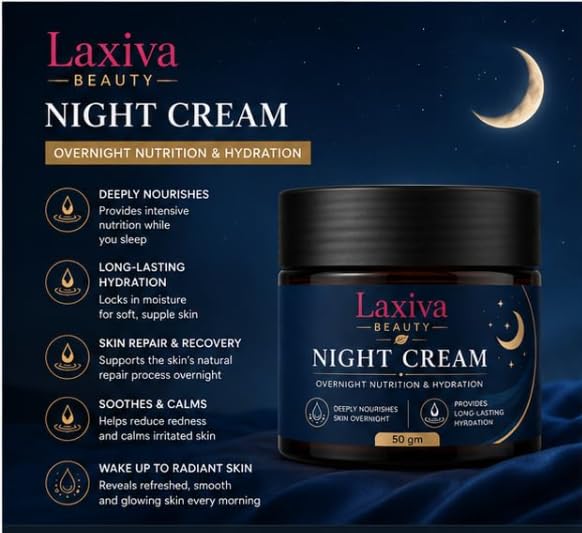 Laxiva Beauty Night Cream for Face, Overnight Hydration & Nourishing Cream, Daily Moisturizing Skin Care Formula, Soft & Smooth Skin Feel, Suitable for All Skin Types, 50g