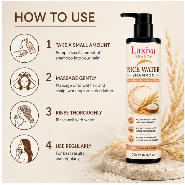 Laxiva Beauty Rice Water Shampoo for Daily Hair & Scalp Care, Gentle Cleansing Shampoo, Lightweight Formula, Suitable for All Hair Types, 200ml