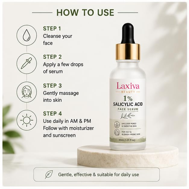 Laxiva Beauty 1% Salicylic Acid Face Serum for Oily & Blemish-Prone Skin, Lightweight Facial Serum for Daily Skincare, Fast-Absorbing Formula, 30ml