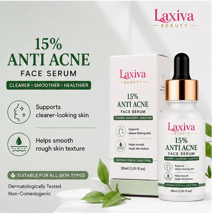 Laxiva Beauty 15% Anti Acne Face Serum for Daily Skincare, Lightweight Facial Serum for Oily & Blemish-Prone Skin, Fast-Absorbing Formula, All Skin Types, 30ml
