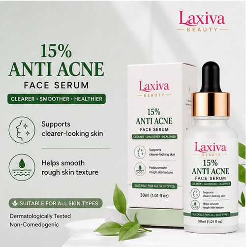 Laxiva Beauty 15% Anti Acne Face Serum for Daily Skincare, Lightweight Facial Serum for Oily & Blemish-Prone Skin, Fast-Absorbing Formula, All Skin Types, 30ml
