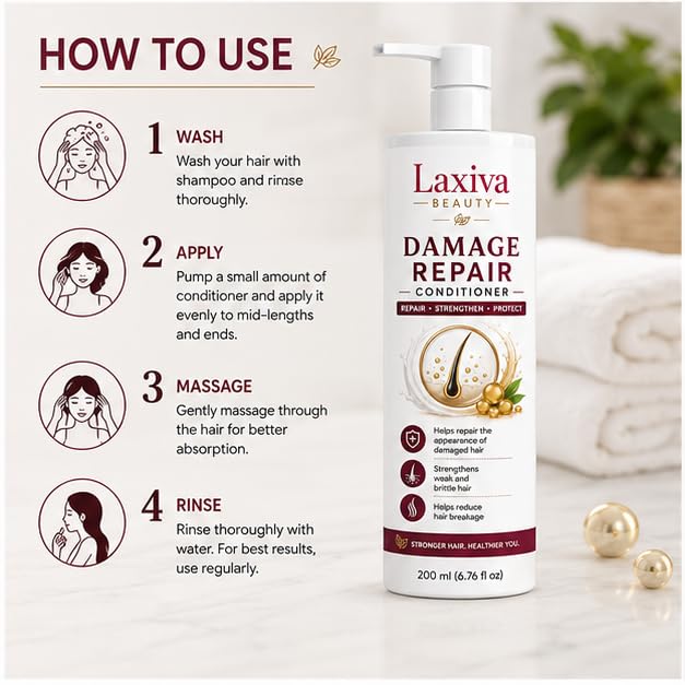 Laxiva Beauty Damage Repair Conditioner for Dry, Weak & Damaged Hair, Daily Hair Conditioning Formula, Smooth & Manageable Hair Care, Suitable for All Hair Types, 200ml