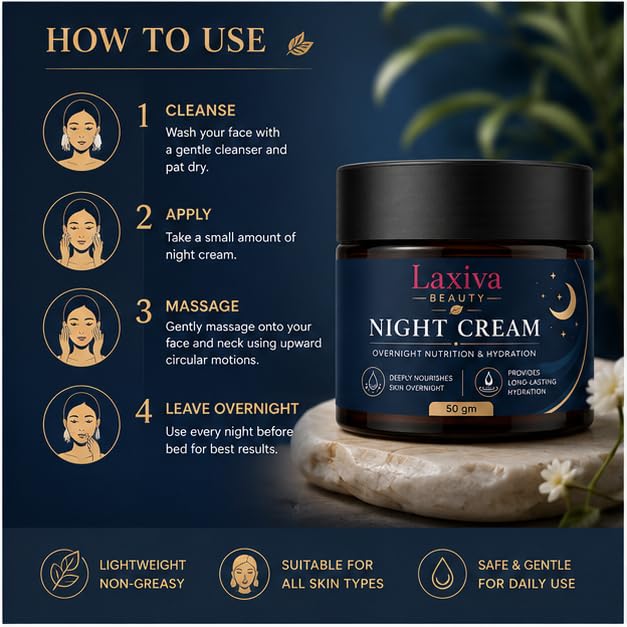 Laxiva Beauty Night Cream for Face, Overnight Hydration & Nourishing Cream, Daily Moisturizing Skin Care Formula, Soft & Smooth Skin Feel, Suitable for All Skin Types, 50g
