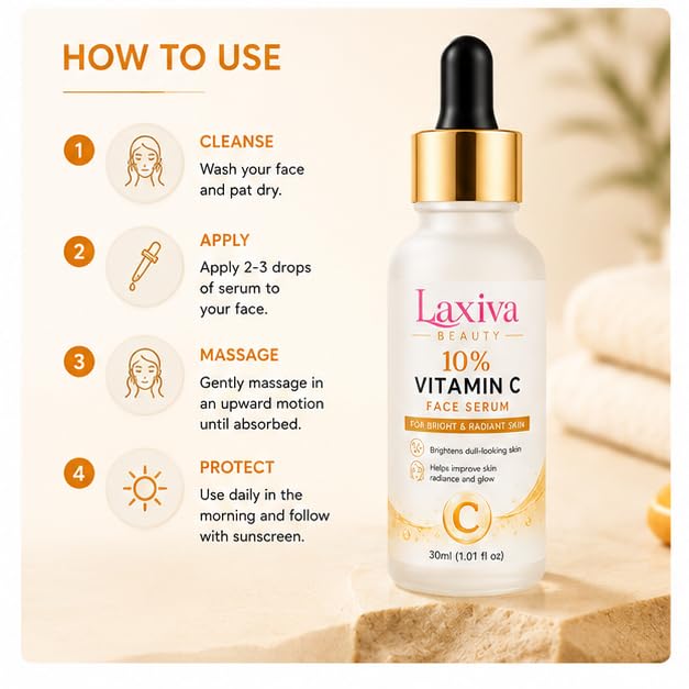 Laxiva Beauty 10% Vitamin C Face Serum for Daily Skincare, Lightweight Facial Serum for Radiance-Looking Skin, Fast-Absorbing Formula, All Skin Types, 30ml