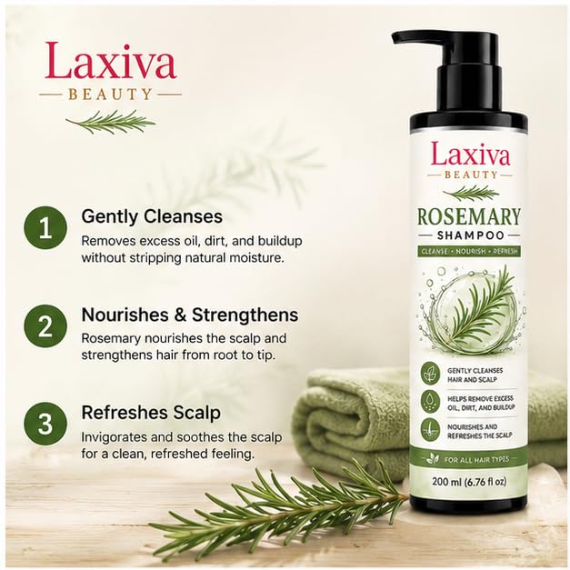 Laxiva Beauty Rosemary Shampoo for Daily Hair & Scalp Care, Gentle Cleansing Shampoo, Suitable for All Hair Types, Lightweight Formula, 200ml