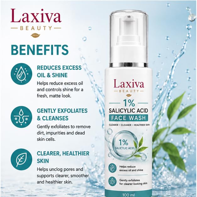 Laxiva Beauty 1% Salicylic Acid Face Wash for Daily Cleansing, Gentle Facial Cleanser for Oily & Blemish-Prone Skin, Suitable for Men & Women, 100ml