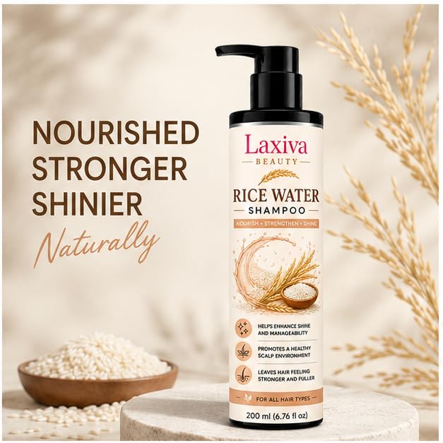 Laxiva Beauty Rice Water Shampoo for Daily Hair & Scalp Care, Gentle Cleansing Shampoo, Lightweight Formula, Suitable for All Hair Types, 200ml