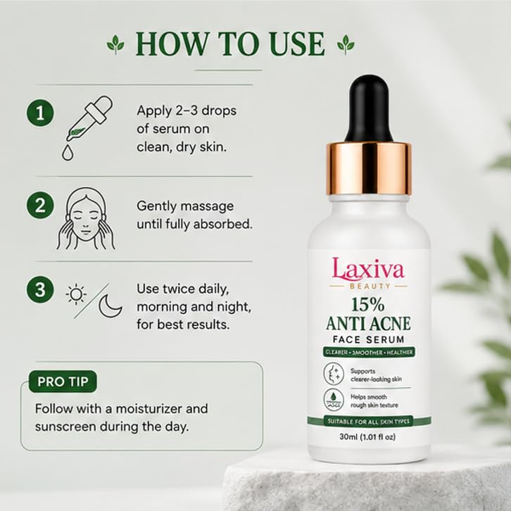 Laxiva Beauty 15% Anti Acne Face Serum for Daily Skincare, Lightweight Facial Serum for Oily & Blemish-Prone Skin, Fast-Absorbing Formula, All Skin Types, 30ml