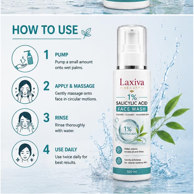 Laxiva Beauty 1% Salicylic Acid Face Wash for Daily Cleansing, Gentle Facial Cleanser for Oily & Blemish-Prone Skin, Suitable for Men & Women, 100ml