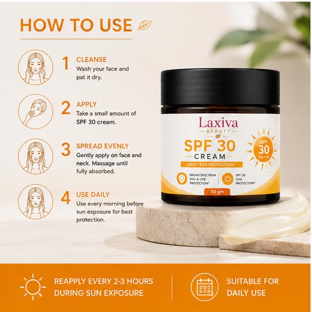Laxiva Beauty SPF 30 Cream, Daily Sun Care Moisturizer, Broad Spectrum UVA & UVB Protection, Lightweight Hydrating Formula, Non-Greasy Finish, Suitable for All Skin Types, 50g