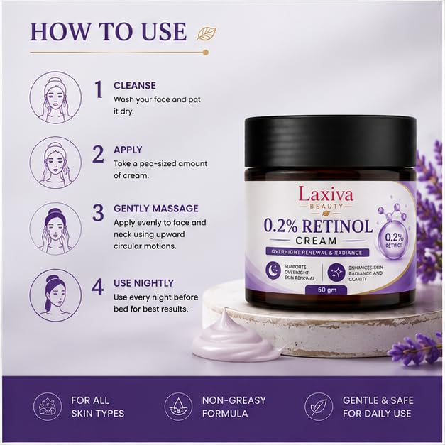 Laxiva Beauty 0.2% Retinol Cream for Face, Overnight Moisturizing Cream, Daily Night Care Formula, Smooth & Radiant Looking Skin, Suitable for All Skin Types, 50g