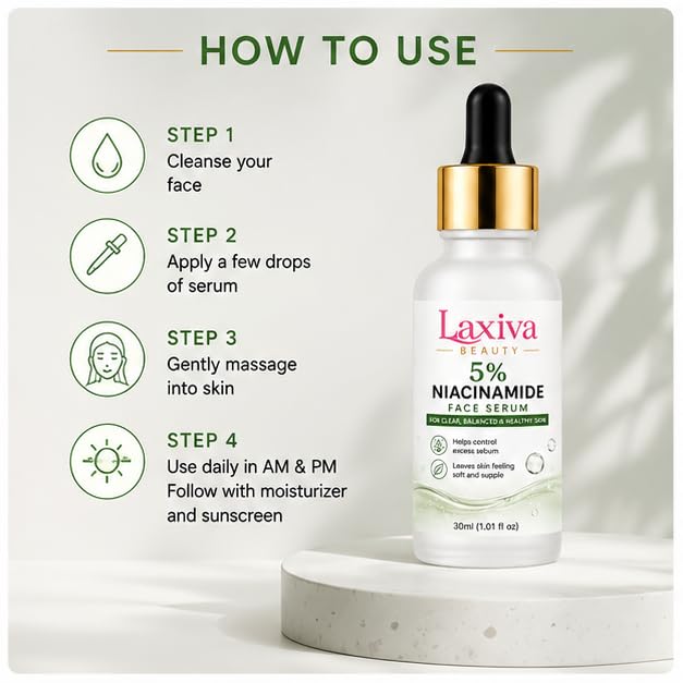 Laxiva Beauty 5% Niacinamide Face Serum for Daily Skincare, Lightweight Facial Serum for Balanced-Looking Skin, Fast-Absorbing Formula, All Skin Types, 30ml