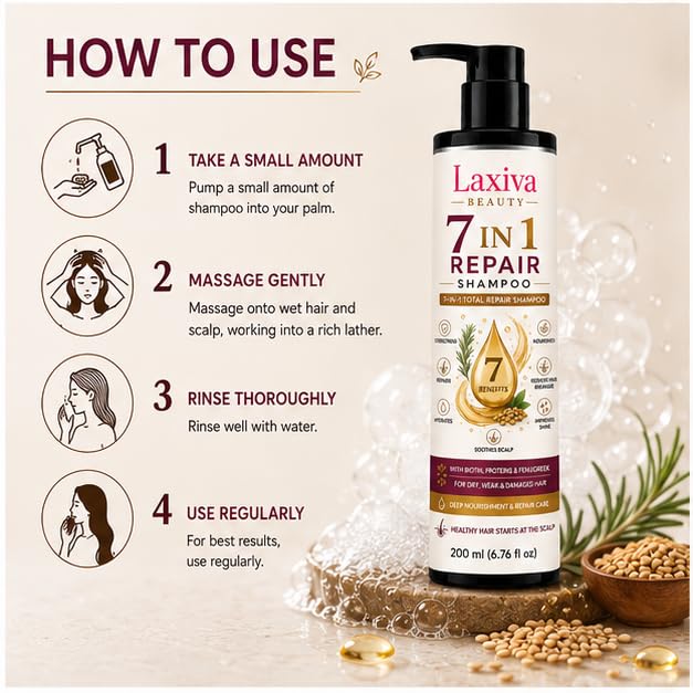 Laxiva Beauty 7 in 1 Hair Care Shampoo with Biotin, Proteins & Fenugreek, Daily Cleansing Shampoo for Dry & Damaged Hair, Suitable for All Hair Types, 200ml