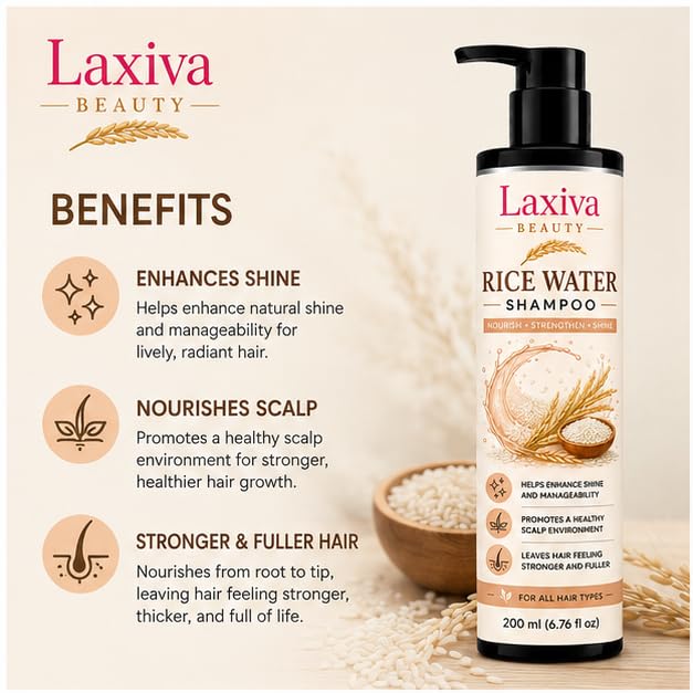 Laxiva Beauty Rice Water Shampoo for Daily Hair & Scalp Care, Gentle Cleansing Shampoo, Lightweight Formula, Suitable for All Hair Types, 200ml