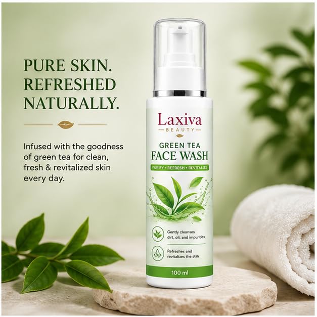 Laxiva Beauty Green Tea Face Wash, Gentle Daily Facial Cleanser, Refreshing Face Wash for Oily and Combination Skin, Lightweight Cleansing Formula, Removes Dirt and Excess Oil, 100ml