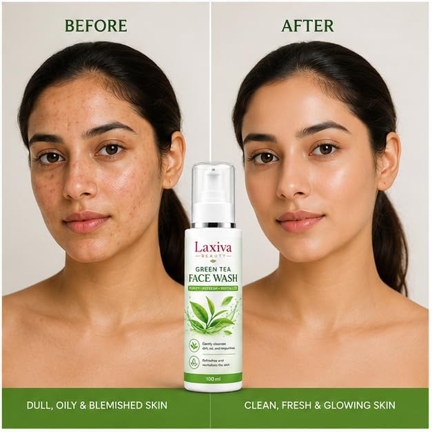 Laxiva Beauty Green Tea Face Wash, Gentle Daily Facial Cleanser, Refreshing Face Wash for Oily and Combination Skin, Lightweight Cleansing Formula, Removes Dirt and Excess Oil, 100ml