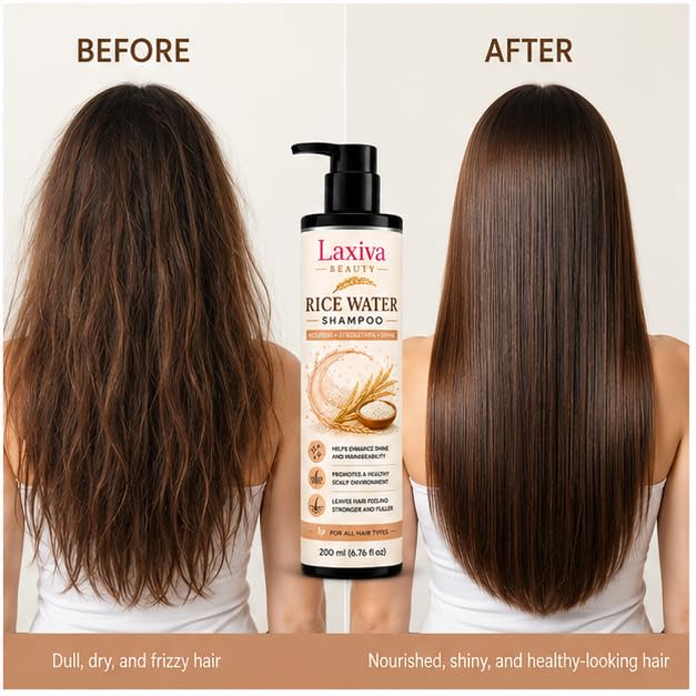 Laxiva Beauty Rice Water Shampoo for Daily Hair & Scalp Care, Gentle Cleansing Shampoo, Lightweight Formula, Suitable for All Hair Types, 200ml