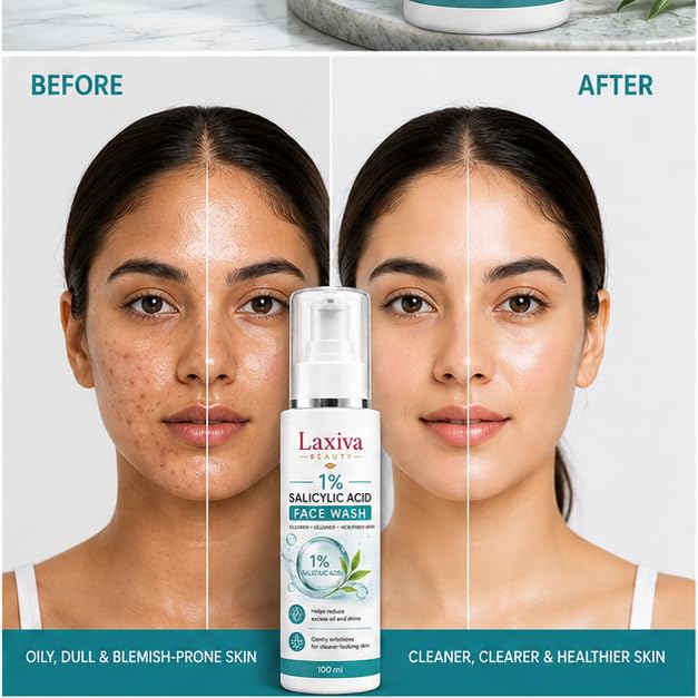 Laxiva Beauty 1% Salicylic Acid Face Wash for Daily Cleansing, Gentle Facial Cleanser for Oily & Blemish-Prone Skin, Suitable for Men & Women, 100ml