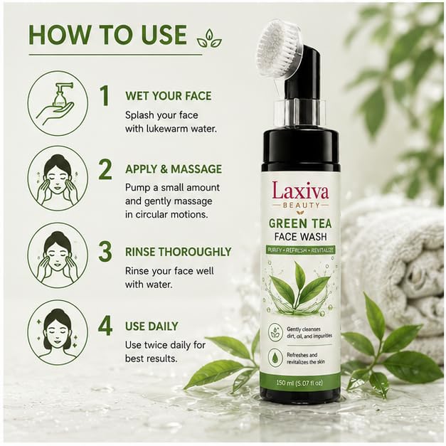 Laxiva Beauty Green Tea Face Wash for Daily Cleansing, Gentle Facial Cleanser with Built-In Brush Applicator, Suitable for All Skin Types, 150ml