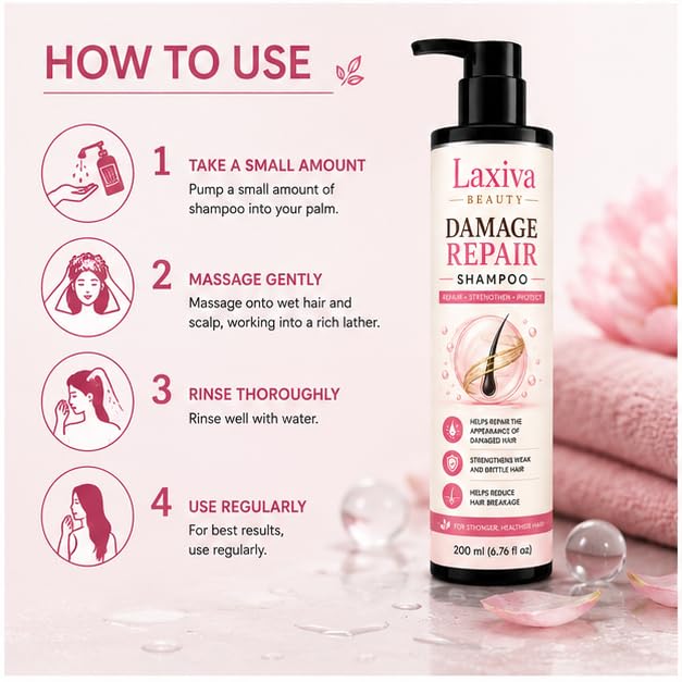 Laxiva Beauty Damage Care Shampoo for Daily Hair Care, Gentle Cleansing Shampoo for Dry & Fragile Hair, Lightweight Formula, Suitable for All Hair Types, 200ml