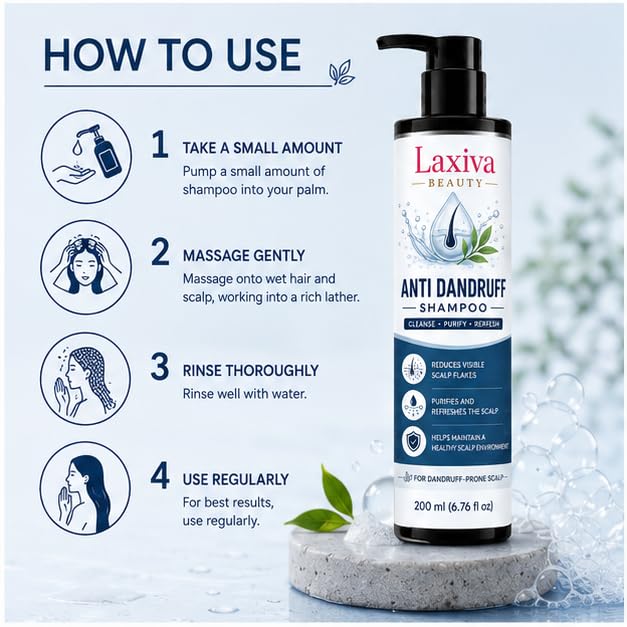 Laxiva Beauty Anti Dandruff Shampoo for Daily Hair & Scalp Cleansing, Refreshing Shampoo for Dandruff-Prone Scalp, Gentle Formula, Suitable for All Hair Types, 200ml