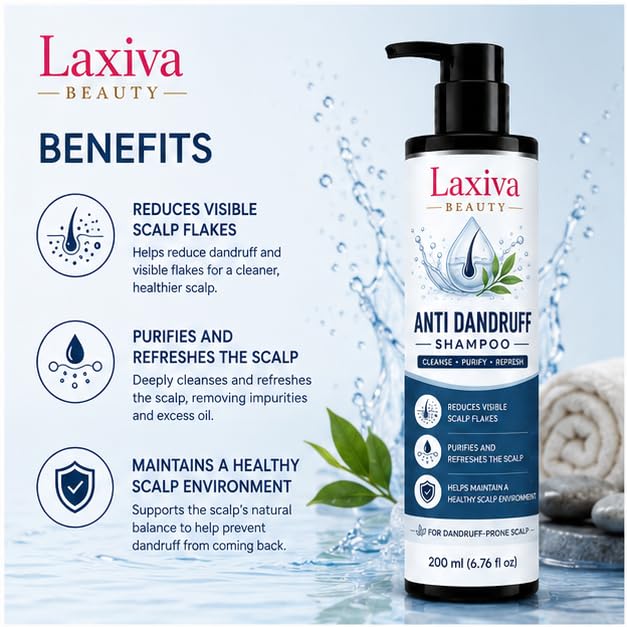 Laxiva Beauty Anti Dandruff Shampoo for Daily Hair & Scalp Cleansing, Refreshing Shampoo for Dandruff-Prone Scalp, Gentle Formula, Suitable for All Hair Types, 200ml