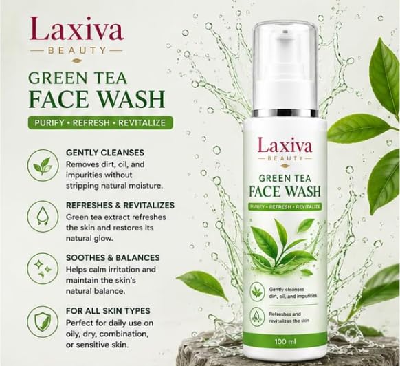 Laxiva Beauty Green Tea Face Wash, Gentle Daily Facial Cleanser, Refreshing Face Wash for Oily and Combination Skin, Lightweight Cleansing Formula, Removes Dirt and Excess Oil, 100ml