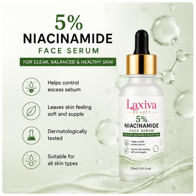 Laxiva Beauty 5% Niacinamide Face Serum for Daily Skincare, Lightweight Facial Serum for Balanced-Looking Skin, Fast-Absorbing Formula, All Skin Types, 30ml