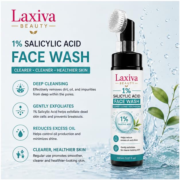 Laxiva Beauty 1% Salicylic Acid Face Wash with Built-In Cleansing Brush, Daily Facial Cleanser for Oily & Blemish-Prone Skin, Gentle Cleansing Formula, 150ml