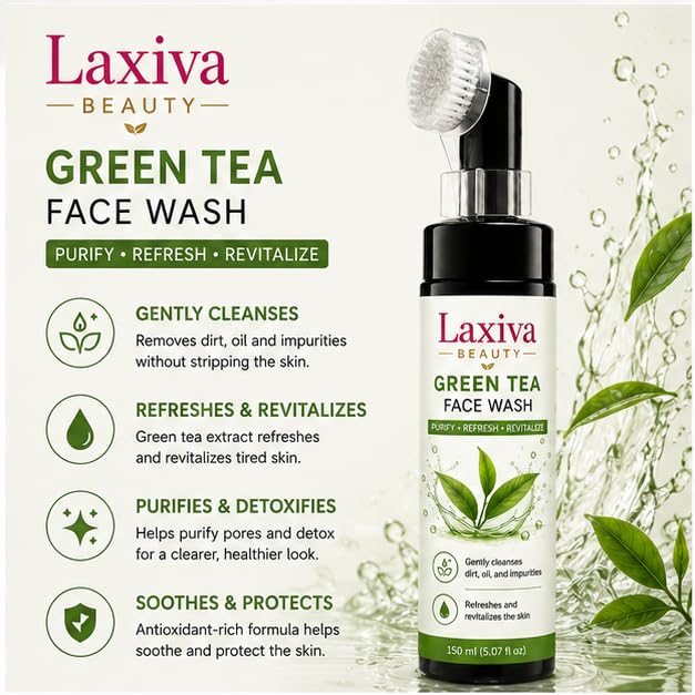 Laxiva Beauty Green Tea Face Wash for Daily Cleansing, Gentle Facial Cleanser with Built-In Brush Applicator, Suitable for All Skin Types, 150ml
