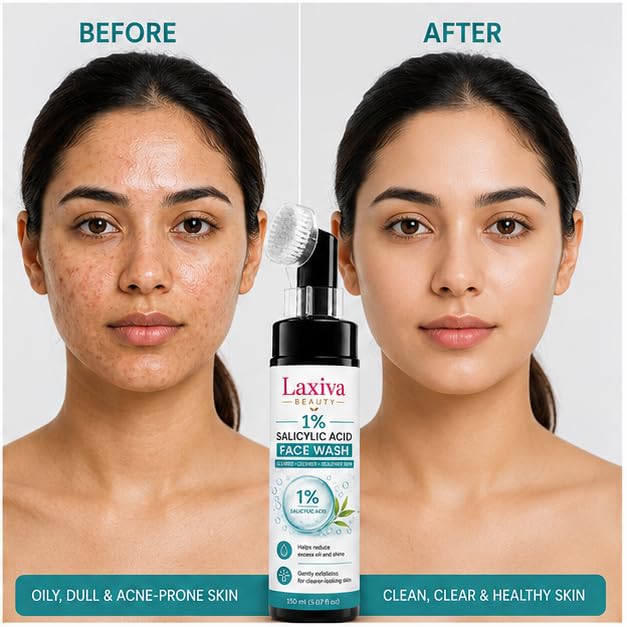 Laxiva Beauty 1% Salicylic Acid Face Wash with Built-In Cleansing Brush, Daily Facial Cleanser for Oily & Blemish-Prone Skin, Gentle Cleansing Formula, 150ml