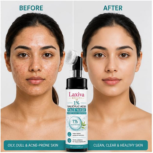 Laxiva Beauty 1% Salicylic Acid Face Wash with Built-In Cleansing Brush, Daily Facial Cleanser for Oily & Blemish-Prone Skin, Gentle Cleansing Formula, 150ml