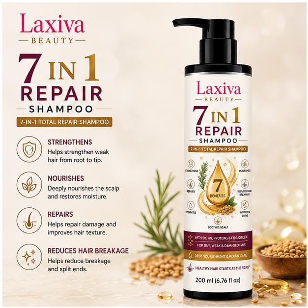 Laxiva Beauty 7 in 1 Hair Care Shampoo with Biotin, Proteins & Fenugreek, Daily Cleansing Shampoo for Dry & Damaged Hair, Suitable for All Hair Types, 200ml