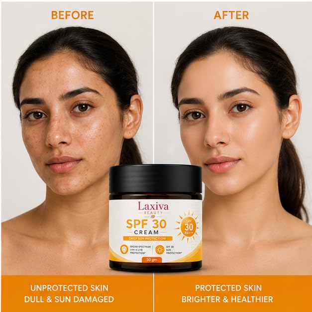Laxiva Beauty SPF 30 Cream, Daily Sun Care Moisturizer, Broad Spectrum UVA & UVB Protection, Lightweight Hydrating Formula, Non-Greasy Finish, Suitable for All Skin Types, 50g