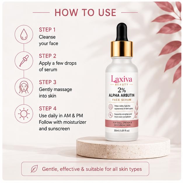 Laxiva Beauty 2% Alpha Arbutin Face Serum for Daily Skincare, Lightweight Facial Serum for Even-Looking Skin Tone, Fast-Absorbing Formula, All Skin Types, 30ml