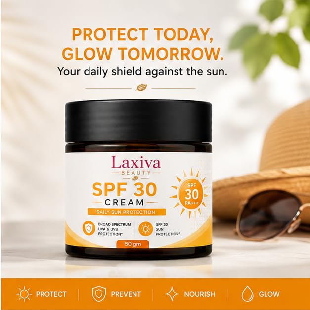 Laxiva Beauty SPF 30 Cream, Daily Sun Care Moisturizer, Broad Spectrum UVA & UVB Protection, Lightweight Hydrating Formula, Non-Greasy Finish, Suitable for All Skin Types, 50g