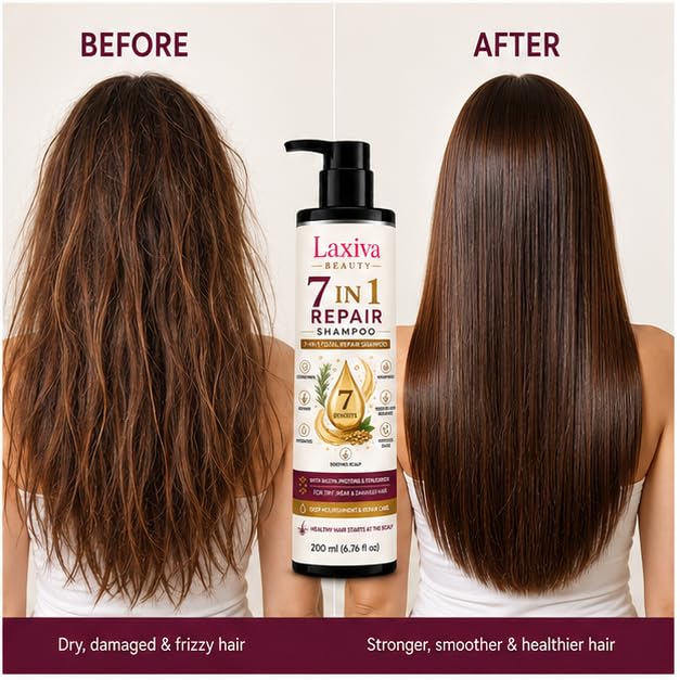 Laxiva Beauty 7 in 1 Hair Care Shampoo with Biotin, Proteins & Fenugreek, Daily Cleansing Shampoo for Dry & Damaged Hair, Suitable for All Hair Types, 200ml
